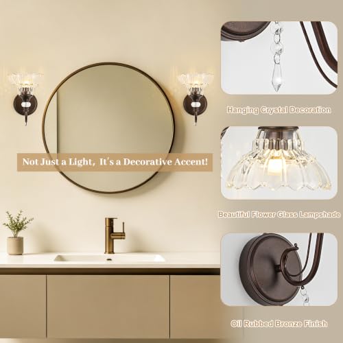 Image of 1 Piece Oil Rubbed Bronze Finish Wall Sconce, 1-Light Modern Wall Sconce with Hanging Crystal Accents and Flower-Shaped Clear Shades for Bathroom Bedroom Living Room,Modern Vanity Light