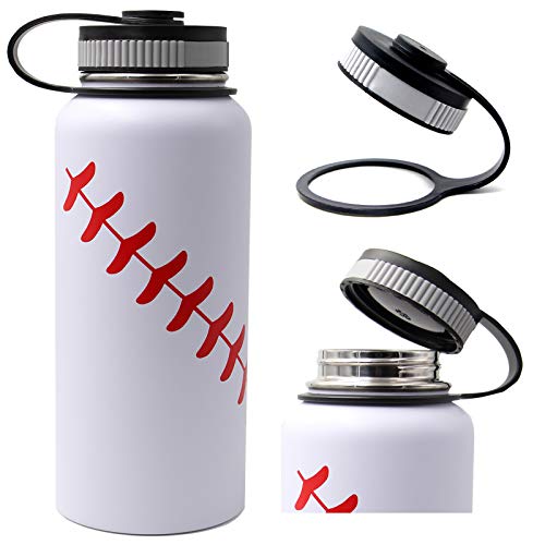 32 Oz Baseball Water Bottle, Wide Mouth Sports Flask Metal Travel Tumbler With 2 Lids 18/8 Stainless Steel Double Wall Vacuum Insulated (32Oz, White Baseball) #TOP2