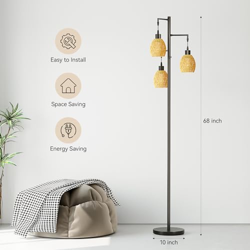 Image of SUNMORY Dimmable Floor Lamp, 68 Inch Tall Lamps for Living Room, Standing Lamp with 3 x 6w LED Bulbs, Tree Lamp, Farmhouse Industrial Floor Lamp for Bedroom, Office, Black & Rattan Shade