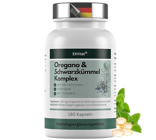 EXVital Oregano- & Schwarzkümmelöl Komplex 180 vegane Kapseln 100 mg Oreganoöl & 1000 mg Schwarzkümmelöl pro Tag 80% Carvacrol hochdosiert & Ohne Zusätze