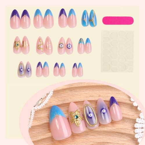 Image of Evil Eye Press on Nails Blue French Tip Fake Nails with Gold Design Flower Snake Glue on Nail Medium Almond Glossy Full Cover Ombre Stick on Nail for Women Girls Manicure 24Pcs