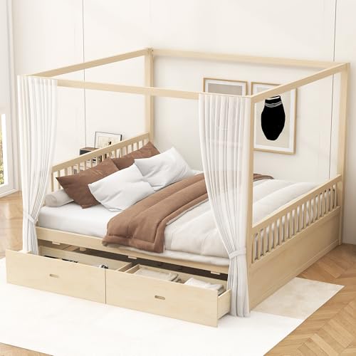 SOFTSEA Queen Size Canopy Bed with Storage Drawers, Four Poster