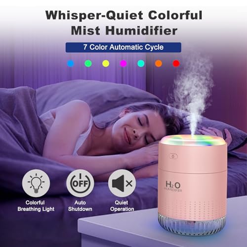 Image of Rechargeable Mini Cool Mist Humidifier With 7 Color Light, Small Personal Desktop for Baby Bedroom, Office, Nursery, Travel With Auto Shut-Off, Super Quiet (Pink)
