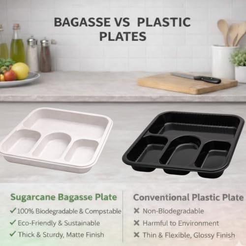 Image of Eco Bagasse 4 Compartment Meal Trays - Eco-Friendly Bagasse Disposable Plates - Strong Oil & Water Resistant Disposable Plates with Compartments for Parties, Catering & Events (Pack of 25)