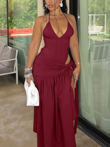 Image of Two Piece Skirt Set Women Sexy Halter Backless Bodysuit and Wrap Tied High Split Summer Maxi Skirt Set