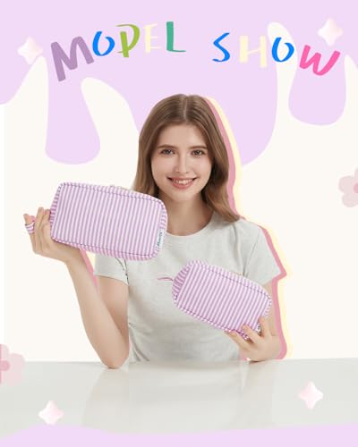 Image of Narwey Cute Makeup Bag Small Toiletry Bag Travel Cosmetic Bag Organizer Make Up Bags with Organized Pockets for Women (Purple Stripe, Large)