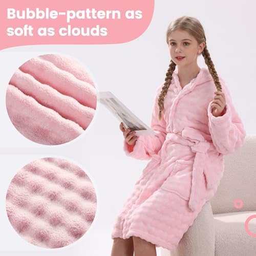 V.&GRIN Girls Hooded Towel Robe, Soft Microfiber Quick-Dry Bathrobe (Light Pink,11-12)