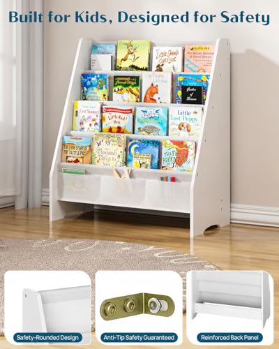 Image of SEIRIONE Sturdy Kids Bookshelf, 4-Tier Book Shelf for Kids Room with Oxford Fabric-Nursery Room Playroom Classroom, Deep Slings to Keep Books Upright, Ideal Height for Toddler Age 3+, Matte White
