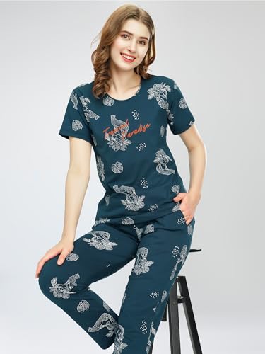 Image of ZEYO Night Suit for Women's Floral & Cheetah Printed Cotton Night Dress of Top and Pajama Set 5779