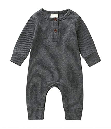 OAKFashion Baby Boy Girl Winter Rompers Long Sleeve One Piece Rompers Jumpsuits Solid Button Down Sleepwear Pjs (A-Gray, 12-18 Months)