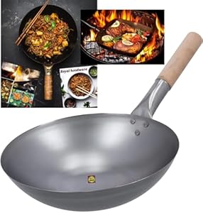Wok Iron Kadhai/Chinese Wok 14 inch Wok Chinese Kadhai with Wooden Handle Kadai for Noodles Fried Rice Kadai with Handle (1.8kg) 1 pcs Extra Heavy Wok for use Perfect Grip- Traditionally Hand Made
