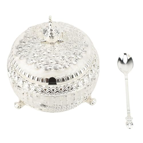 Zuccheriera, Squisita Zuccheriera in Rilievo con Pavone con Coperchio e Cucchiaio per la Decorazione del Tavolo della Cucina e del Bar (Bianco argentato)
