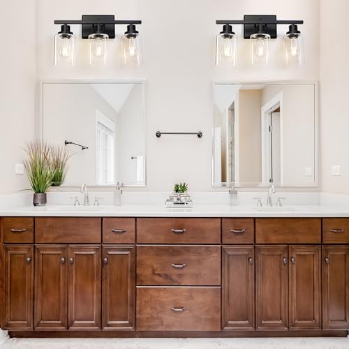 Image of Ascher Bathroom Vanity Light Fixtures, 3 Light Wall Sconces Lighting with Clear Glass Shade, Black Wall Lights for Mirror, Kitchen, Living Room, Gallery, Hallway, E26 Base (Bulbs Not Included)