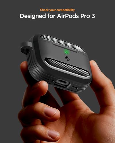 Image of Spigen AirPods Pro 3 Cover Case, Carabiner Included, [Shock Proof] [Light & Compact], Rugged Armor - Matte Black