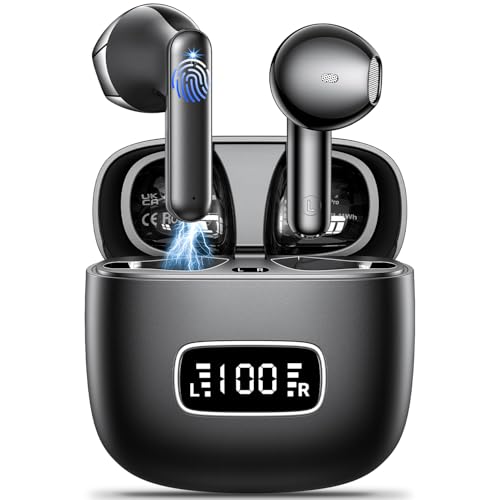 Ecouteurs Bluetooth sans Fil, Godyse Écouteurs sans Fil 5.4 avec 4 ENC Réduction Antibruit Mic Écran LED 42H Durée HiFi Stéréo IPX6 Étanche Casque Contrôle Tactile pour iOS Android Noir, Sport/Travail