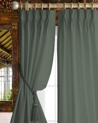 Image of Triple Pinch Pleated Blackout Curtains Thermal Insulated Room Darkening Curtains for Bedroom /Livingroom Pack of 2 Panels, Tiebacks, Hooks (Dark Grey)