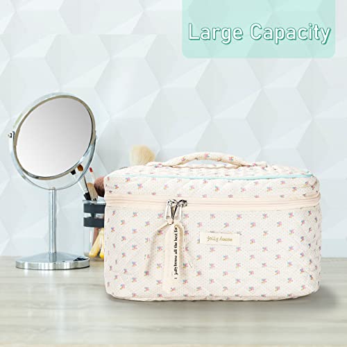 Sightor Cotton Makeup Bag, Quilted Cosmetic Bag with Handle Large Capacity Travel Toiletry Bag for Women Cute Aesthetic Floral Makeup Bag (Beige)3