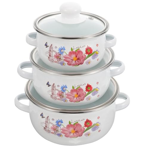 Yardwe 3pcs Enamelware Set, Enamel Stockpot With Lid, Floral Retro Cooking Simmer Pot, Deep Enamelware Soup Pot for Home Restaurant