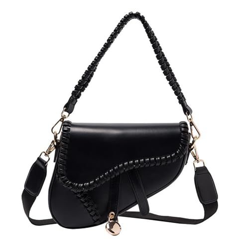 HELFNE Women's Black Small Saddle Shoulder Bag, Trendy Crossbody Bag Clutch Purse, PU Leather Satchel Handbag