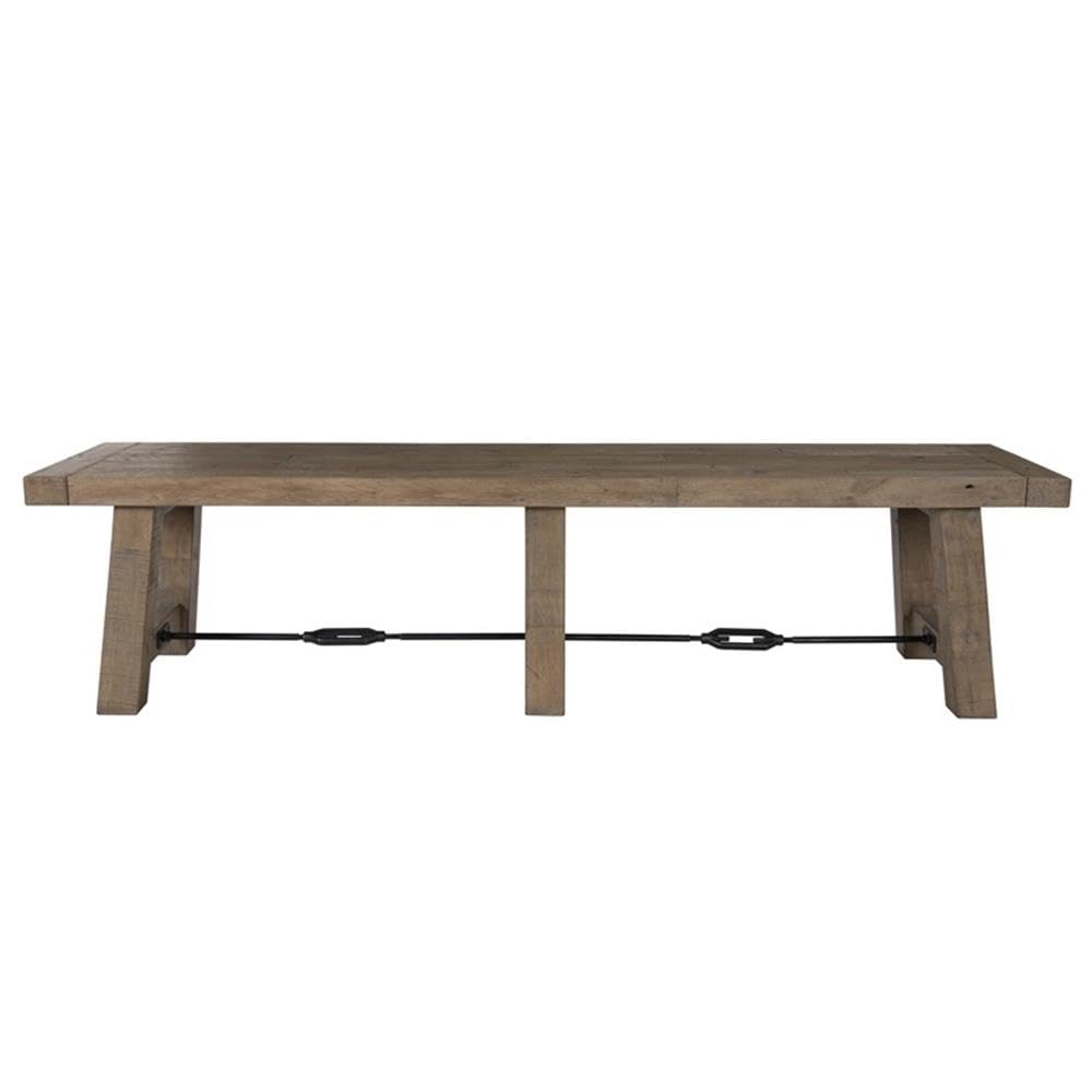 Pemberly Row Transitional Reclaimed Pine Bench, 74 in Wide, Weathered Brown Finish, Seats up to 3, Metal Turnbuckle Accents, Hand-Finished Dining or Kitchen Room Seating