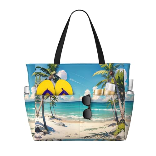 Beach Bag for Women, Waterproof Sandproof Beach Pool Travel Duffel Bags with 7 Pockets, Large Capacity Shoulder Tote Bag for Gym Travel Vacation Essential, Beach Coconut Tree Summer