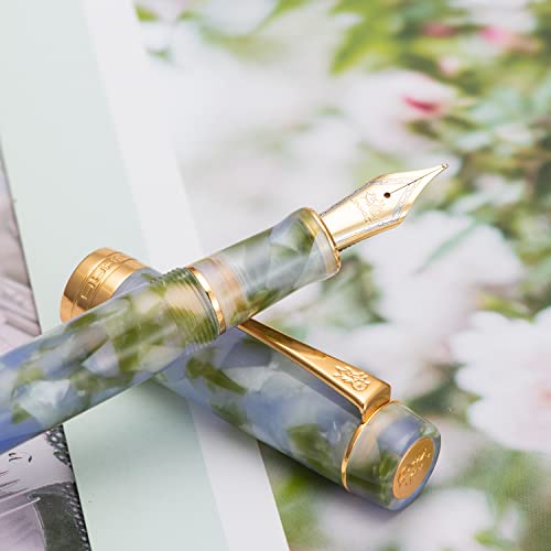 Jinhao Classic Fountain Pen Blue Green Celluloid, Medium Nib With Conveter And Pen Case Set #TOP4