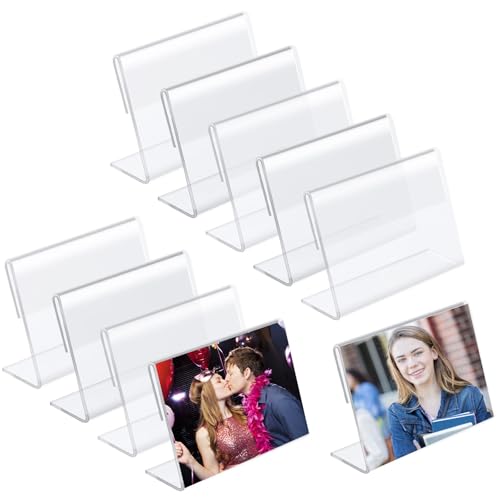 Image of DiiWmme 10Pcs Mini Acrylic Sign Holder, L Shape Price Tag Display Stand, Slanted Brochure and Photo Frame Holder for Restaurant Menu, Office Desk, Shopping Malls, Transparent Flyer Stand (9×6cm)