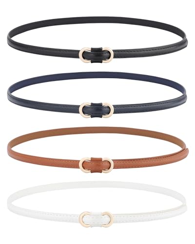 AWAYTR 4 Pack Women Skinny Belt - No Hole Fashion Thin Waist Belt for Dress Jeans Coats with Gold Buckle