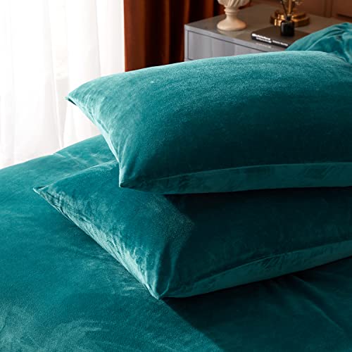 Ivellow Velvet Duvet Cover Set Queen Size 3 Pcs Peacock Blue Luxury Flannel Velour Duvet Cover Zipper Closure Corner Tie