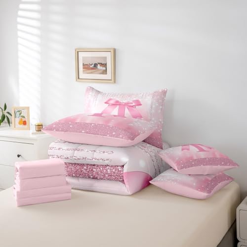 Image of Feelyou Boys Girls Pink Bowknot 7 Pieces Bedding Set Full Size, Personalized Initial T Comforter Set with Sheets Princess Glitter Bed in A Bag Kids Bow Monogrammed Teens Bed Set Bedroom Decor 7Pcs