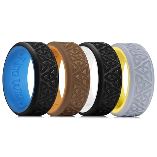 King Will Silicone Wedding Rings For Men, 4 Pack Rubber Wedding Bands with Celtic Knot Pattern, 8mm Wide 2.2mm Thick, Comfort Fit Size 13