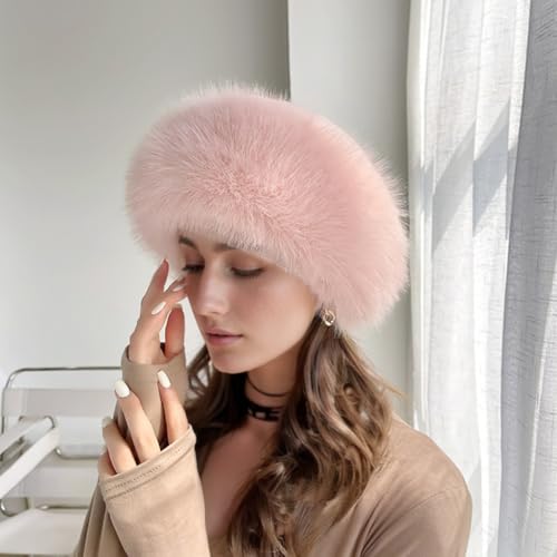 Faux Fur Hat with Elastic Warm Plush Faux Fur Hat for Women Winter Earwarmer Ski Cold Earmuff Ladies Winter - Beige,Pink4