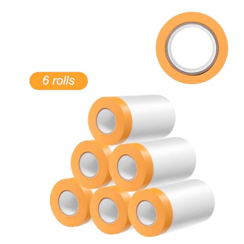 Image of HARFINGTON 6 Rolls Pre-Taped Masking Film 25.6 inch x65.6ft Tape and Drape Painters Plastic Drop Cloth Film with Tape Plastic Sheeting for Automotive Painting Covering
