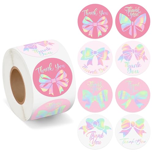 500Pcs Holographic Bow Thank You Stickers Roll Coquette Aesthetic Bowknot Adhesive Labels for Small Business Packaging Envelope Seals Wedding Birthday Baby Shower Party Favors Gift Wrap Greeting Cards