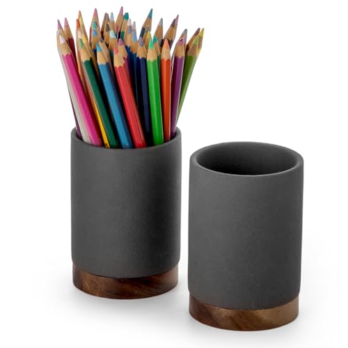 Image of Pen Holder for Desk, Ceramic Pencil Organizer & Makeup Brush Holder, Office Decor and Desk Accessories,Perfect Office Organization,Teacher Supplies (Dark Grey, Set / 2)