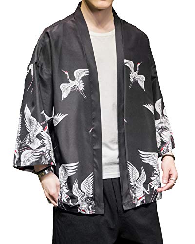 Image of PRIJOUHE Men's Japanese Kimono Cardigan Jackets Casual Long Sleeve Open Front Coat Lightweight Yukata Outwear