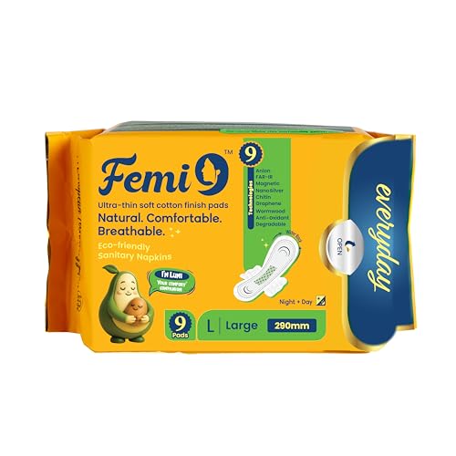 Image of Femi9 Large Ultra Soft Organic Cotton Sanitary Pads for Women| Ultra soft Top Sheet |Odor-Free| Toxic chemicals & Artificial Fragrance Free | Safe & Comfortable Period Pads | Itching and Rashes Free Periods - Large Pads(290mm) - 9 Pieces /Pack