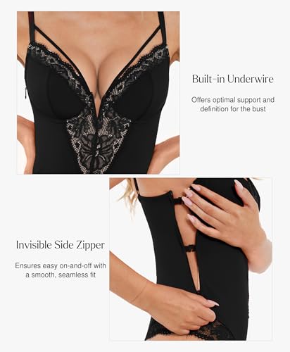 Popilush Lace Bodysuits for Women Corset Shapewear Tummy Control Body Suits V Neck Thong Underwired Outfits Side Zipper3