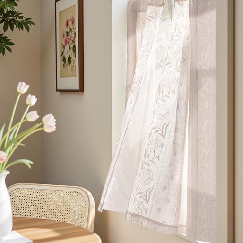 Image of jinchan Ivory Floral Linen Kitchen Tier Curtains 45 Inch Back Tab 2 Panels