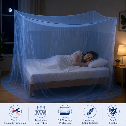 Image of BENAVJI Foldable Machardani Single Bed | Pure Cotton Mosquito net (Blue, 3.5FT X 6FT) | Strong, Breathable, Lightweight, Portable & Ideal for Daily Usage | Full Protection for Home & Travel