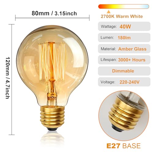 YUNRRD Vintage Edison Light Bulbs,E27 Dimmable Screw Edison Bulbs,40w Incandescent Light Bulb,Retro Filament Lamp Warm White Bulb G80 220V,Pack of 2 - Image 3