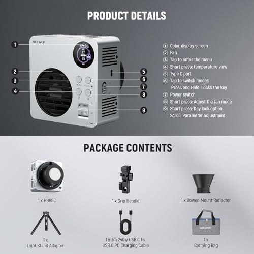 NEEWER HB80C RGBWW LED Video Light with Built-in 72Wh Battery & 100W PD Fast Charging, 80W Mini RGB COB Continuous Output Lighting Bowens Mount Handheld Spotlight 2500K-7500K, 10400lux/m, 18 Effects