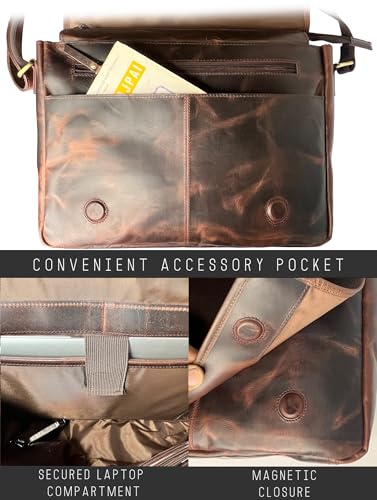 Image of Leather Messenger Bag for Men 14 inch Leather Laptop Bag Vintage Crossbody Office Satchel Travel Shoulder Bag