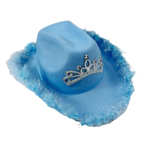 Dsgzkk Cowboy Hat,Cosplay Party Cowgirl Hat for Women Furry Brim Cowboy Hat Fashion Music Festival Fedoras Hat Crowns Top Blue