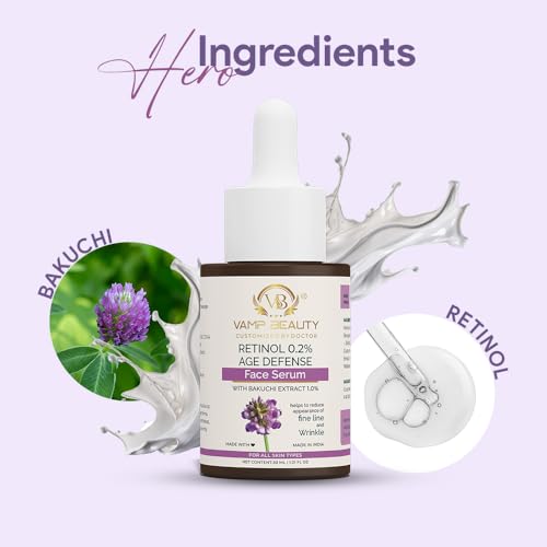 VAMP BEAUTY Anti-Aging Retinol Face Serum with Bakuchi Extract | Targets Wrinkles & Dark Spot | Improves Skin Firmness and Texture | For All Skin Types | 30ml