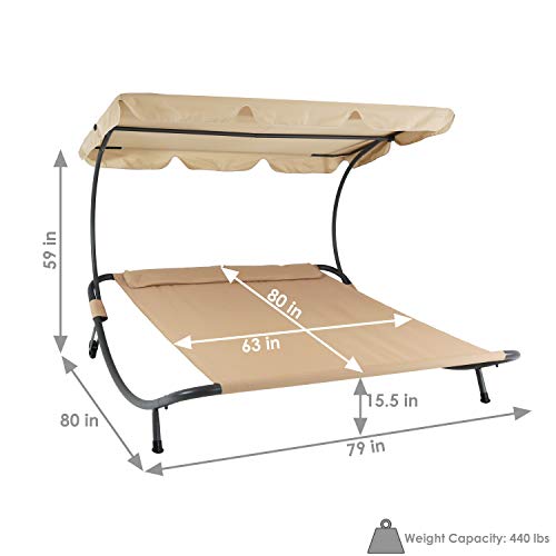 Sunnydaze Double Chaise Outdoor Lounge Bed With Canopy And Headrest Pillow, Portable Patio Sunbed Hammock Lounger, Beige #TOP2