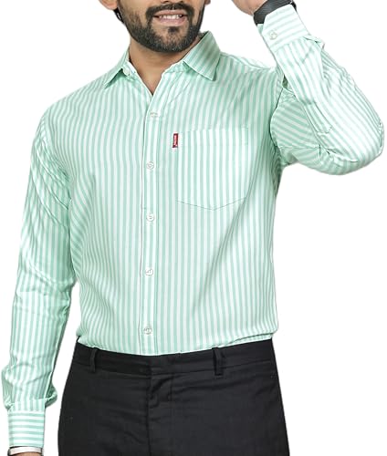 Image of MILDIN Men's Pure Cotton Striped Printed Shirt with Spread Collared Neck Full Sleeve Curved Hemline Button Closure and Regular Fit | Shirt for Man