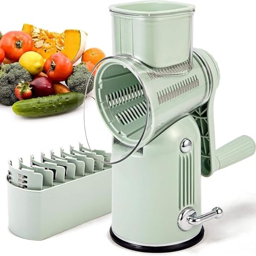Rallador de alimentos portátil de manivela, cortador de verduras de tambor de acero inoxidable con 5 cuchillas reemplazables, extraíble y lavable para pepino, queso, zanahoria, cebolla