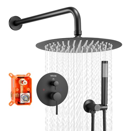 VEVOR Ensemble de Robinetterie de Douche Encastrable, Système de Douche de Pluie avec Pommeau de Tête Rond de 25,4 cm, Douchette à Main et Kit de Garniture, Fixation Murale, Salle de Bain, Noir Mat