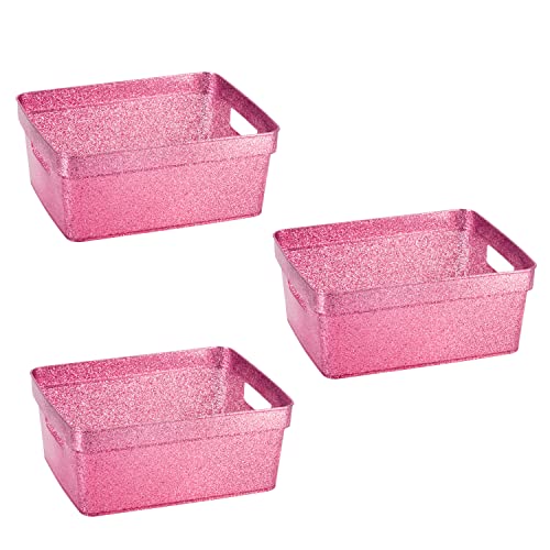 Simplify 3 Pack Small Glitter Tote Bin | Home Storage Basket | Bathroom and Office Organization | Multipurpose | Lightweight | Carrying Handles | Pink by Simplify - Used condition - CA$20.67